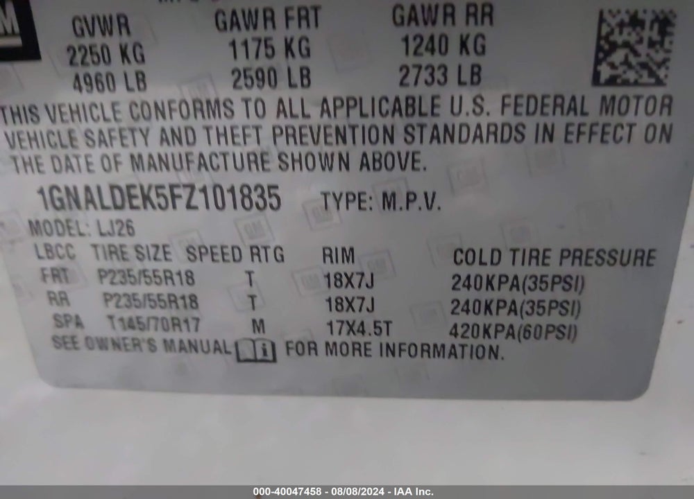 2015 CHEVROLET EQUINOX LTZ VIN: 1GNALDEK5FZ101835