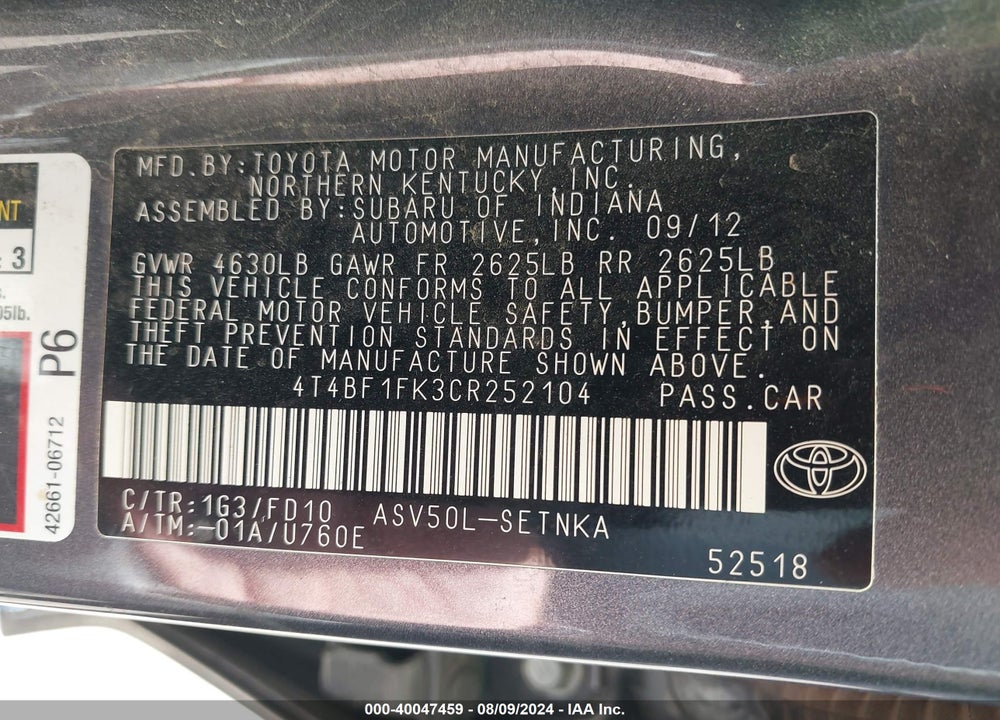 2012 TOYOTA CAMRY LE VIN: 4T4BF1FK3CR252104