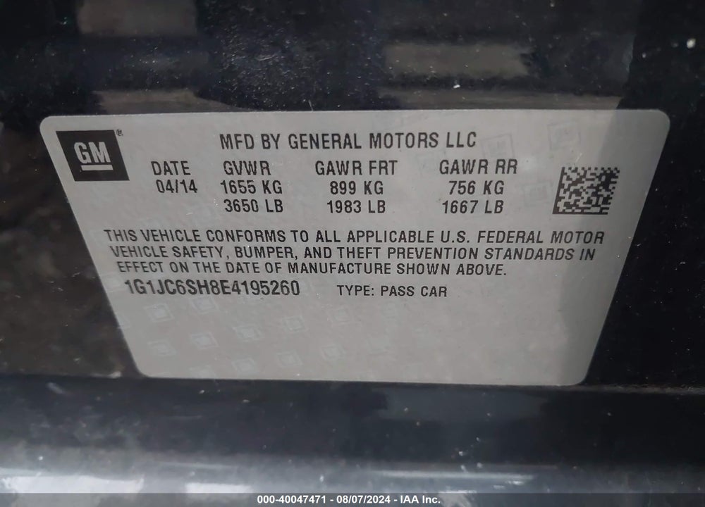 2014 CHEVROLET SONIC LT AUTO VIN: 1G1JC6SH8E4195260