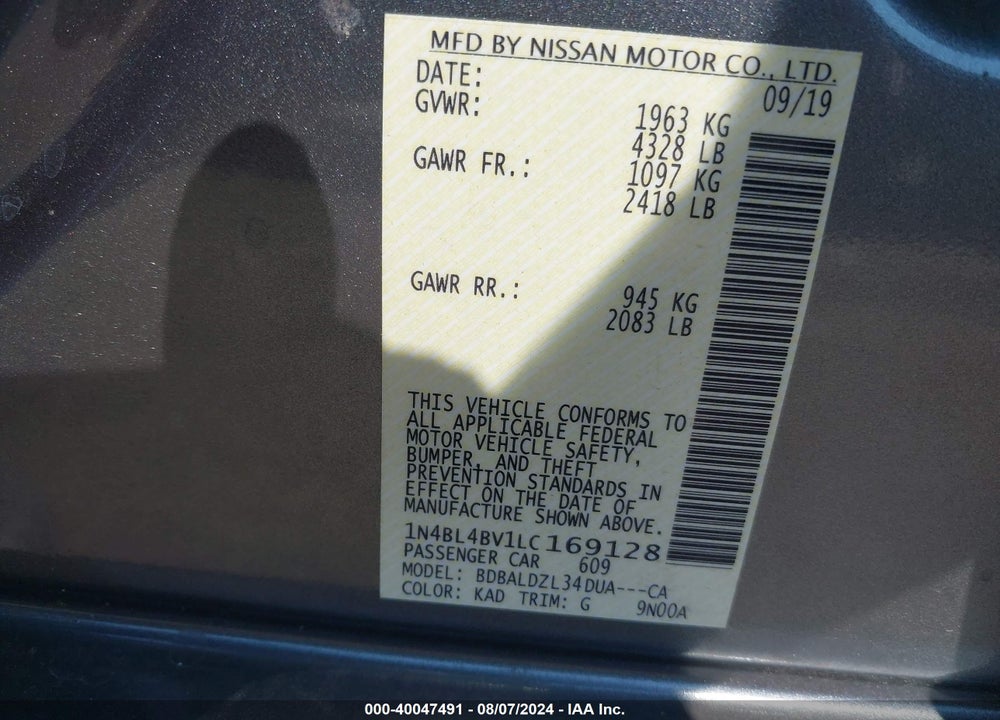 2020 NISSAN ALTIMA S FWD VIN: 1N4BL4BV1LC169128