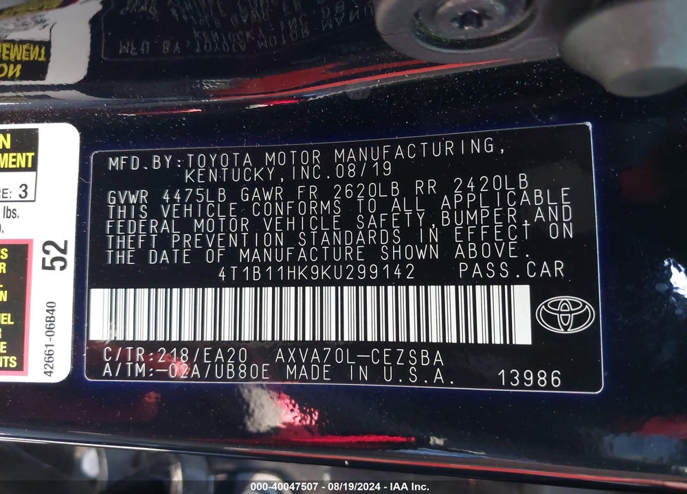 2019 TOYOTA CAMRY SE VIN: 4T1B11HK9KU299142
