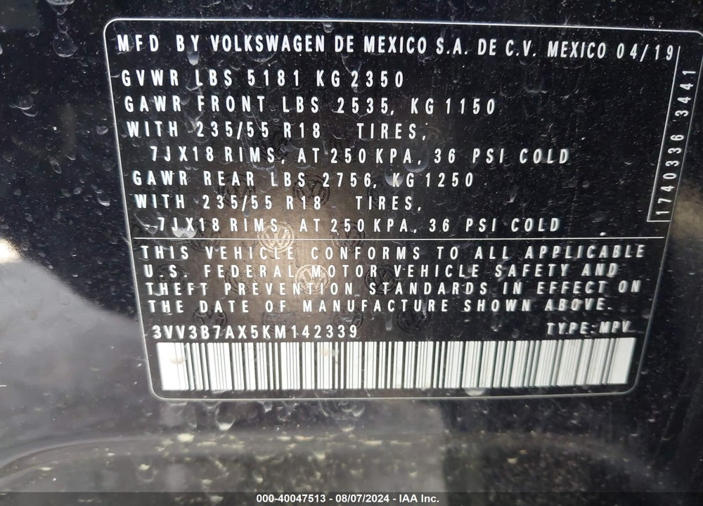 2019 VOLKSWAGEN TIGUAN 2.0T SE/2.0T SEL/2.0T SEL R-LINE/2.0T SEL R-LINE BLACK VIN: 3VV3B7AX5KM142339