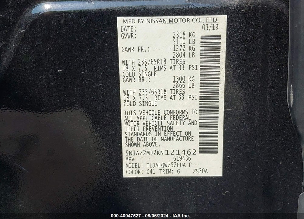 2019 NISSAN MURANO SV VIN: 5N1AZ2MJ2KN121462