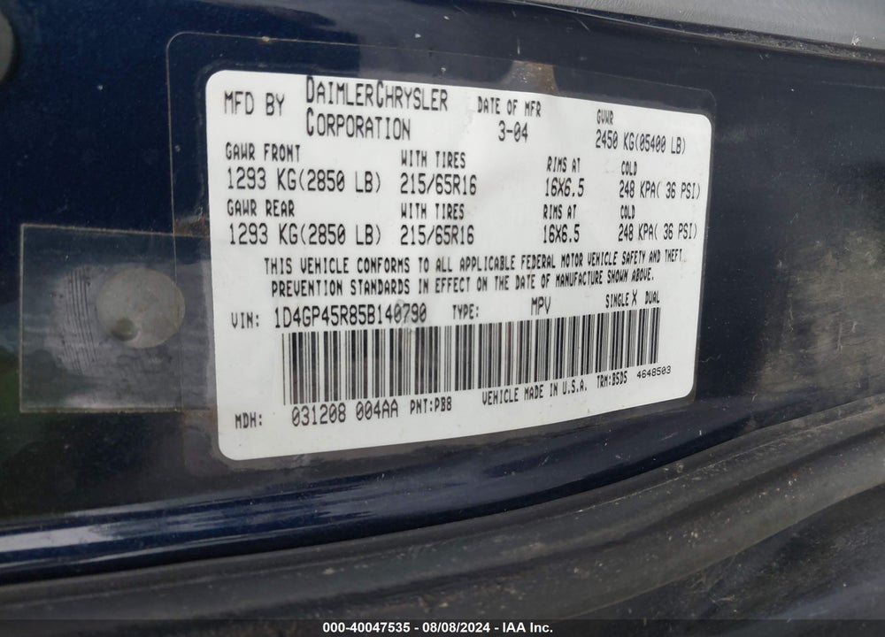 2005 DODGE CARAVAN SXT VIN: 1D4GP45R85B140790