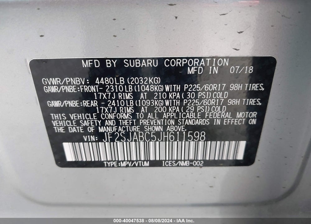 2018 SUBARU FORESTER 2.5I VIN: JF2SJABC5JH611598