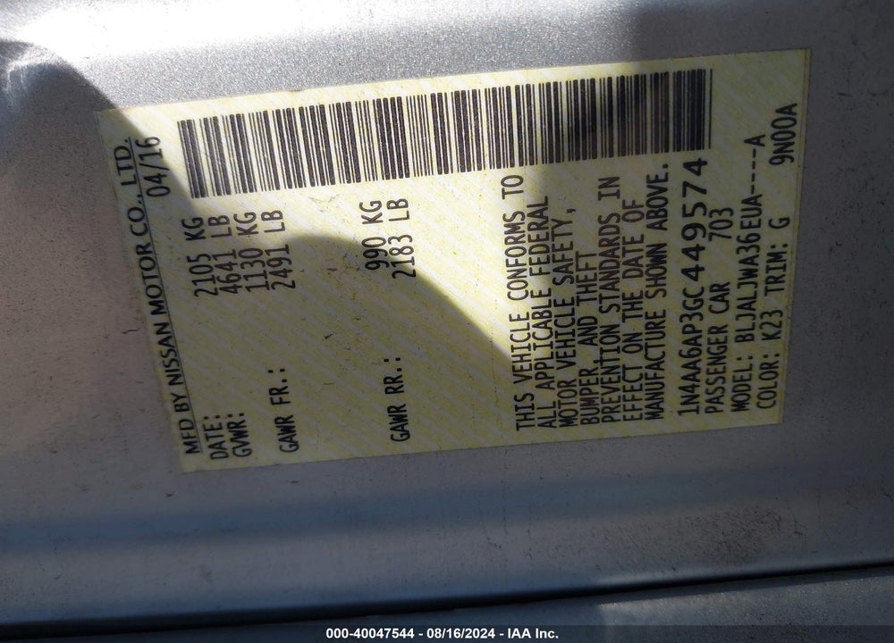 2016 NISSAN MAXIMA 3.5 SV VIN: 1N4AA6AP3GC449574