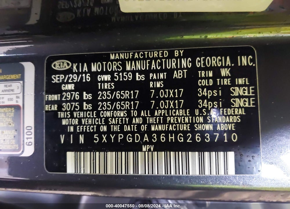 2017 KIA SORENTO 2.4L LX VIN: 5XYPGDA36HG263710