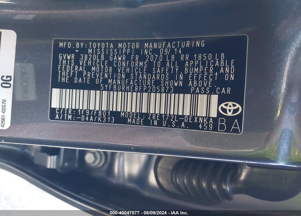 2015 TOYOTA COROLLA LE PLUS VIN: 5YFBURHE8FP205873