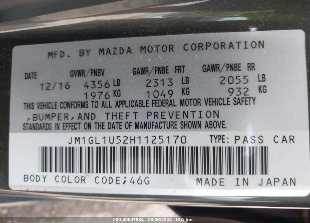 2017 MAZDA 6 SPORT VIN: JM1GL1U52H1125170