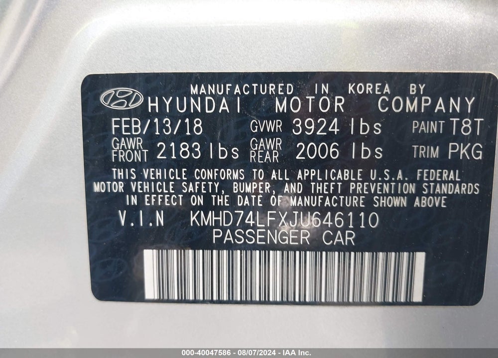 2018 HYUNDAI ELANTRA SE VIN: KMHD74LFXJU646110