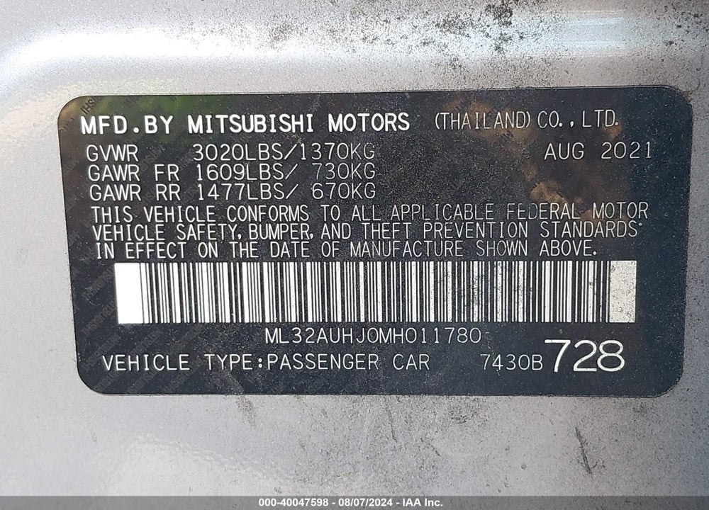 2021 MITSUBISHI MIRAGE CARBONITE EDITION/ES/LE VIN: ML32AUHJ0MH011780