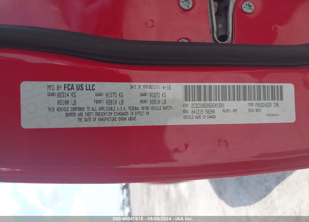 2016 DODGE CHARGER VIN: 2C3CDXBGXGH241501