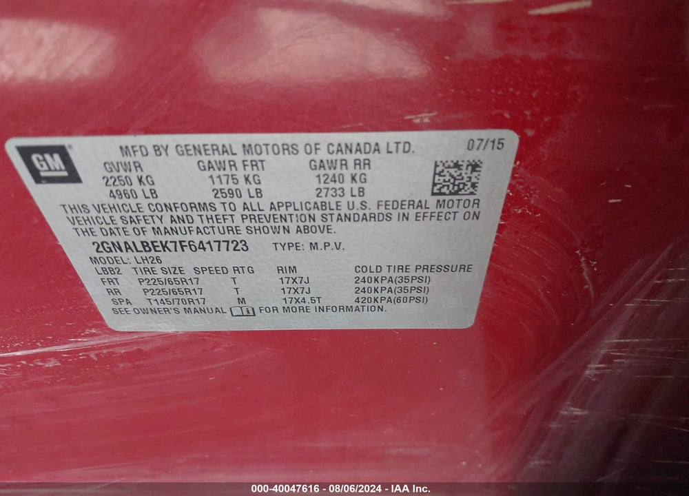 2015 CHEVROLET EQUINOX 1LT VIN: 2GNALBEK7F6417723