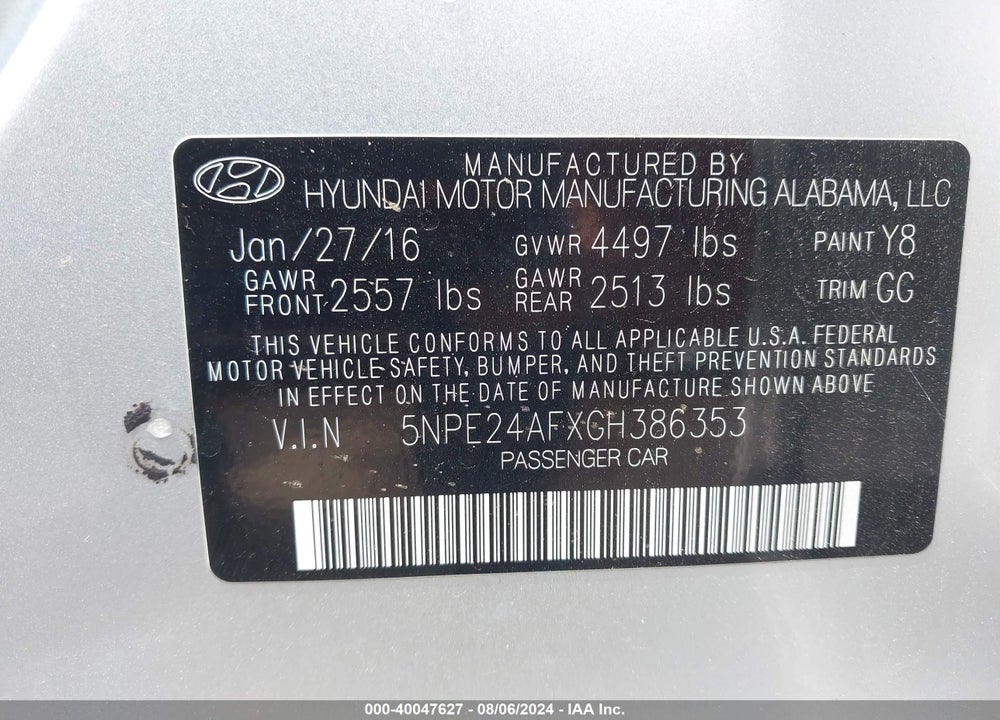 2016 HYUNDAI SONATA SE VIN: 5NPE24AFXGH386353