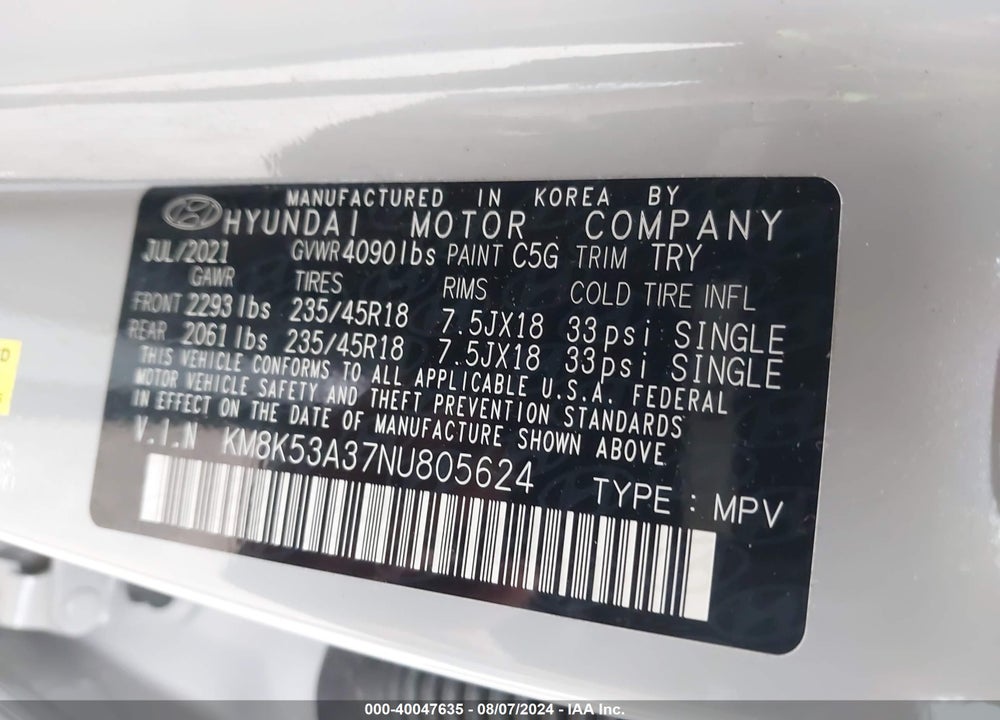 2022 HYUNDAI KONA LIMITED VIN: KM8K53A37NU805624
