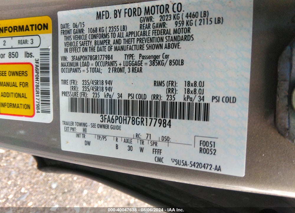 2016 FORD FUSION SE VIN: 3FA6P0H78GR177984