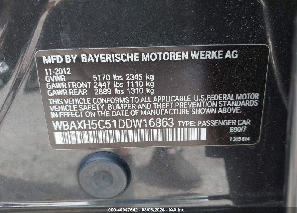 2013 BMW 528I XDRIVE VIN: WBAXH5C51DDW16863