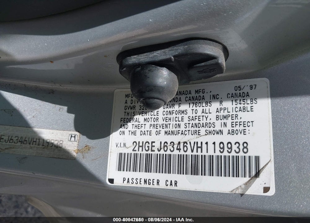 1997 HONDA CIVIC DX VIN: 2HGEJ6346VH119938