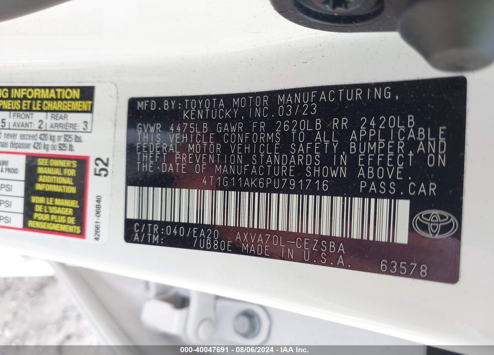2023 TOYOTA CAMRY SE VIN: 4T1G11AK6PU791716