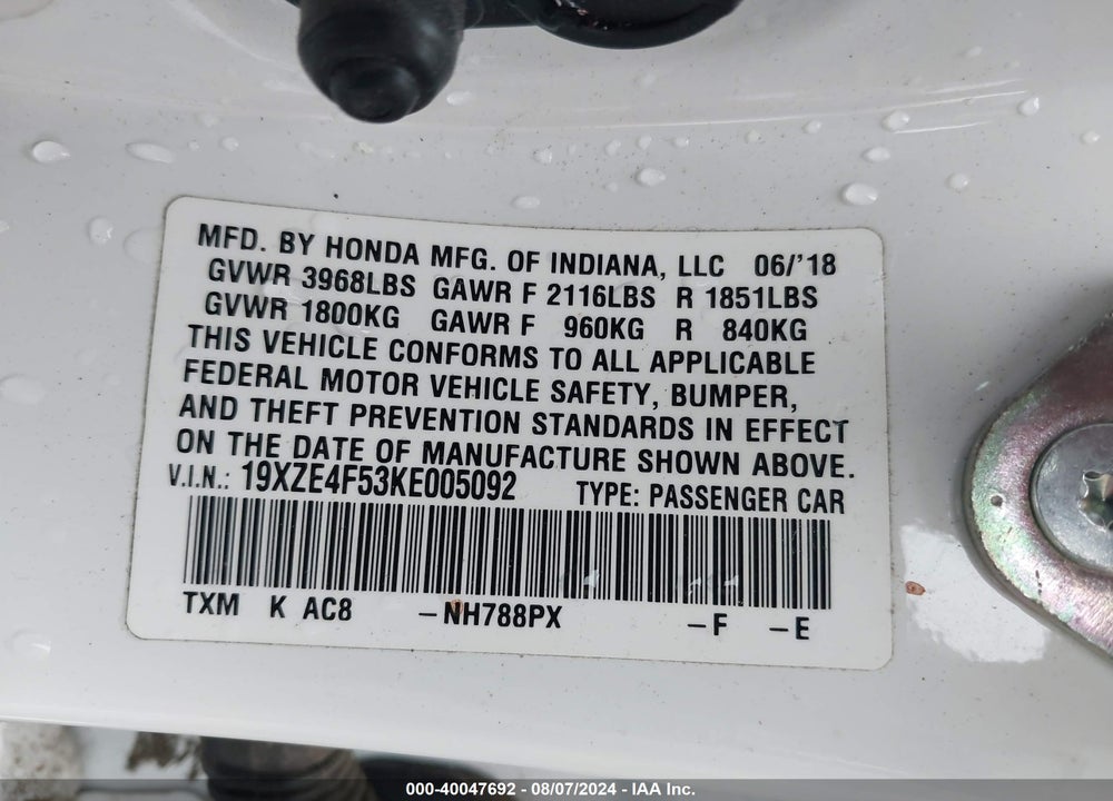 2019 HONDA INSIGHT EX VIN: 19XZE4F53KE005092