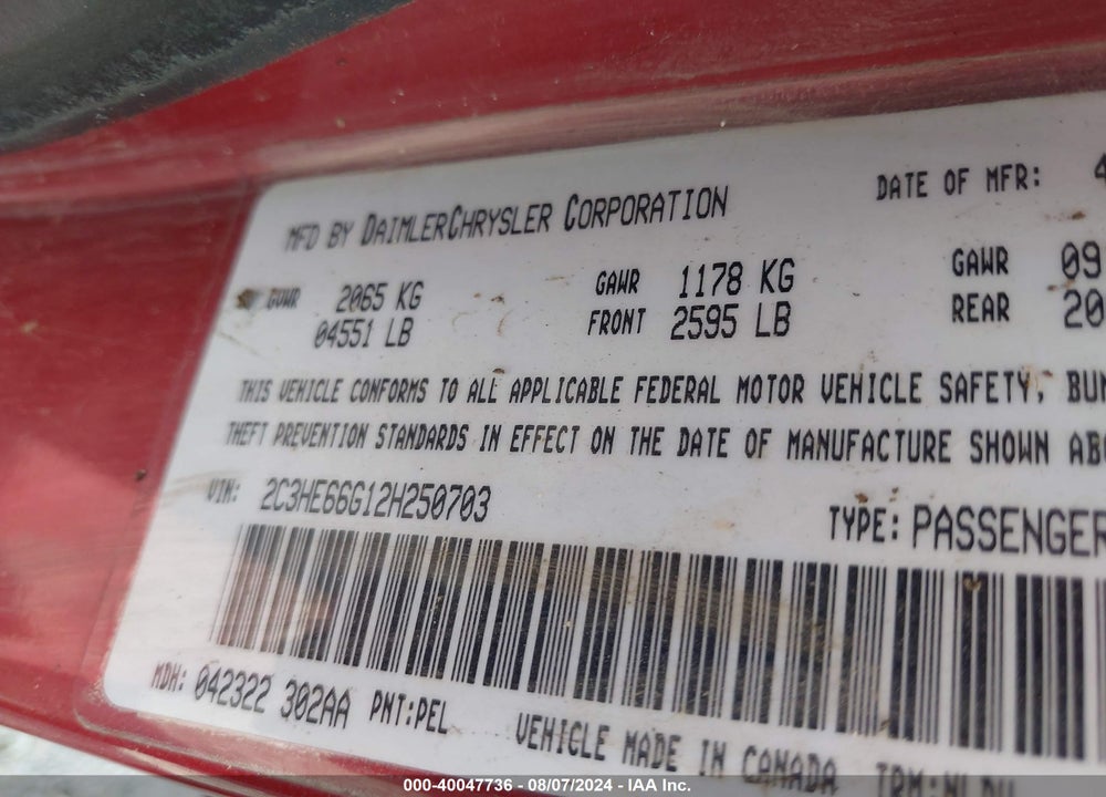 2002 CHRYSLER 300M VIN: 2C3HE66G12H250703
