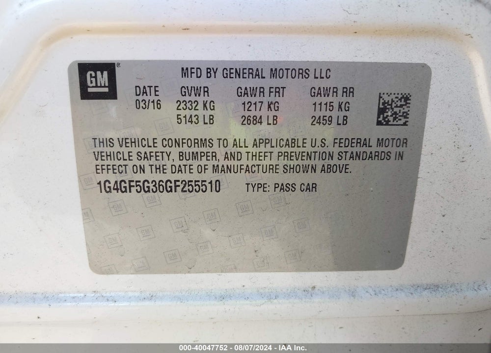 2016 BUICK LACROSSE PREMIUM II VIN: 1G4GF5G36GF255510
