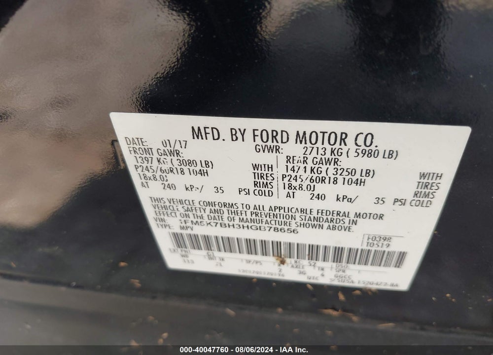 2017 FORD EXPLORER VIN: 1FM5K7BH3HGB78656