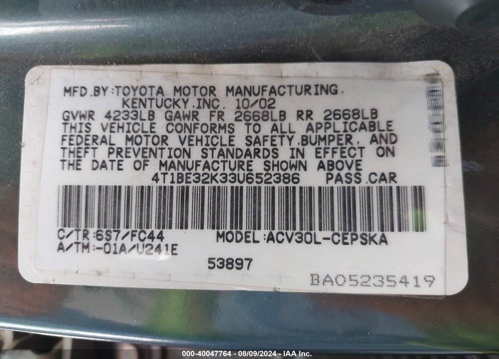 2003 TOYOTA CAMRY SE VIN: 4T1BE32K33U652386