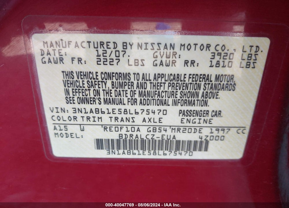 2008 NISSAN SENTRA 2.0 VIN: 3N1AB61E58L675470