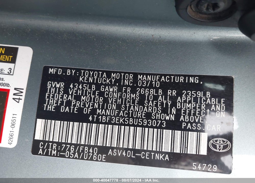 2011 TOYOTA CAMRY VIN: 4T1BF3EK5BU593073