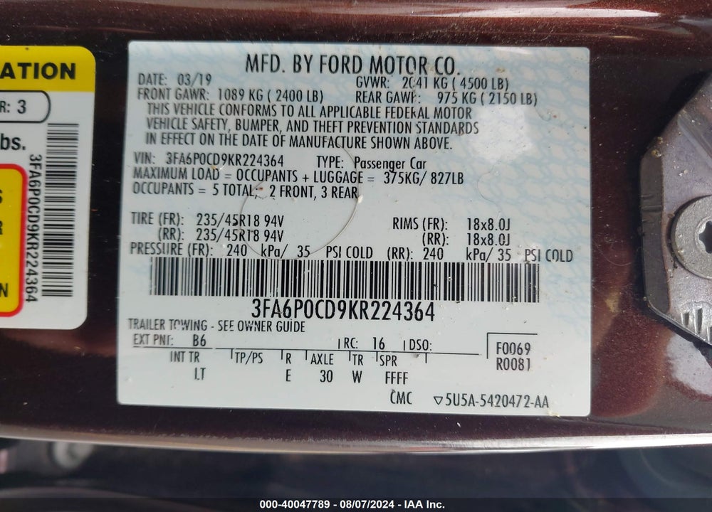 2019 FORD FUSION SEL VIN: 3FA6P0CD9KR224364
