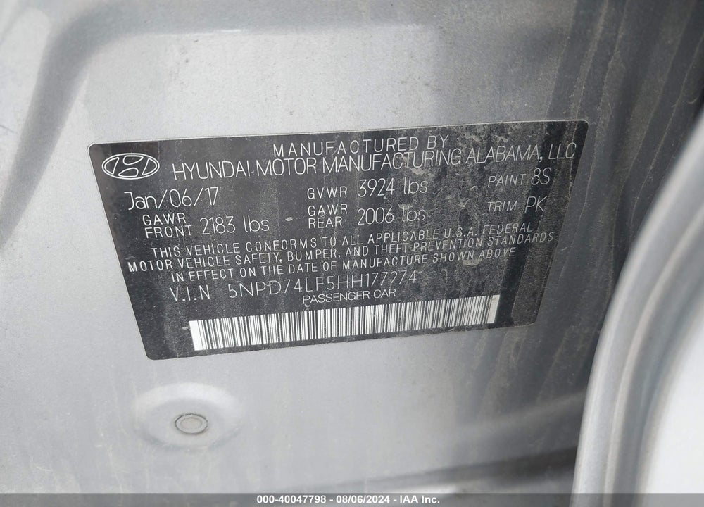2017 HYUNDAI ELANTRA SE VIN: 5NPD74LF5HH177274