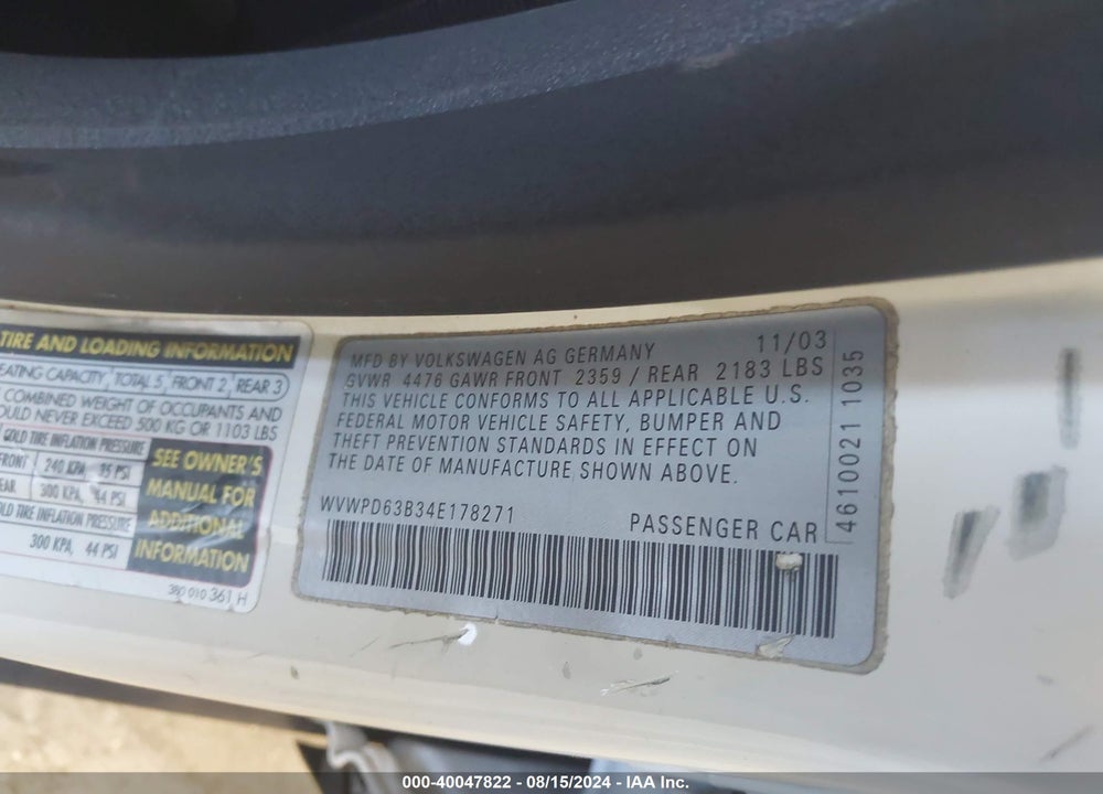 2004 VOLKSWAGEN PASSAT GLS VIN: WVWPD63B34E178271