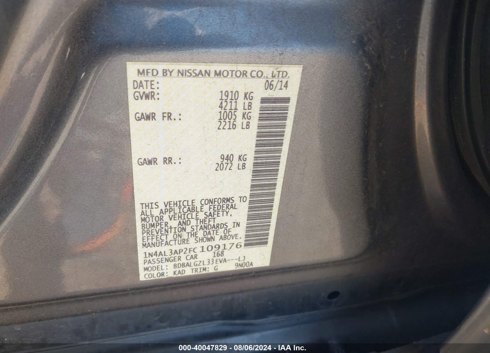 2015 NISSAN ALTIMA 2.5 S VIN: 1N4AL3AP2FC109176