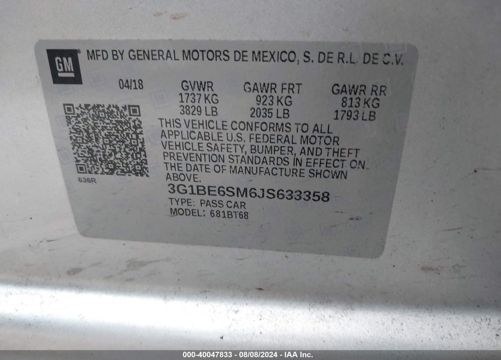2018 CHEVROLET CRUZE LT AUTO VIN: 3G1BE6SM6JS633358
