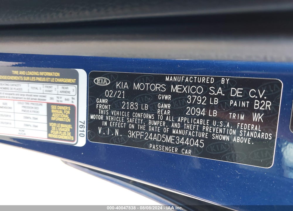 2021 KIA FORTE LXS VIN: 3KPF24AD5ME344045