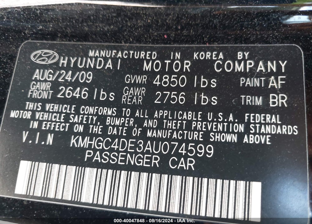 2010 HYUNDAI GENESIS 3.8 VIN: KMHGC4DE3AU074599