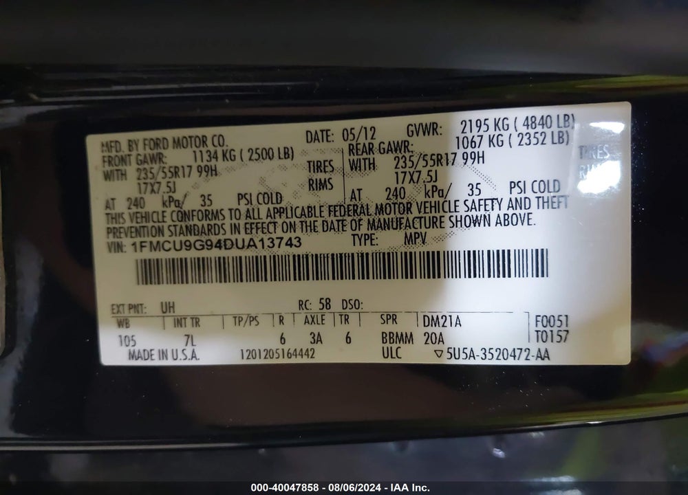 2013 FORD ESCAPE SE VIN: 1FMCU9G94DUA13743