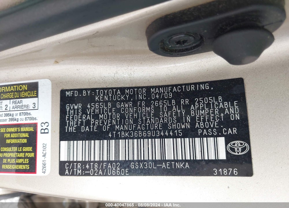2009 TOYOTA AVALON XL VIN: 4T1BK36B69U344415