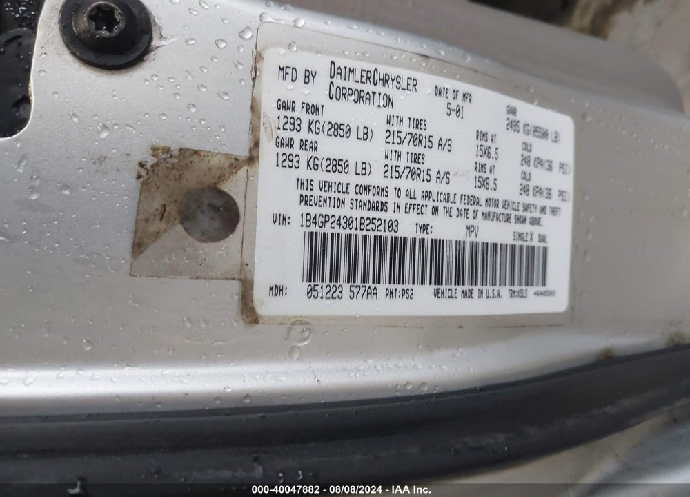 2001 DODGE GRAND CARAVAN SE VIN: 1B4GP24301B252103