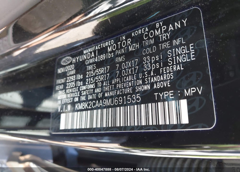 2021 HYUNDAI KONA SEL VIN: KM8K2CAA9MU691535