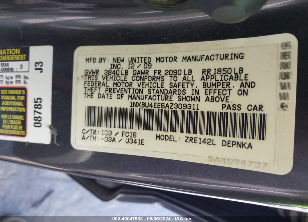 2010 TOYOTA COROLLA XLE VIN: 1NXBU4EE6AZ309311
