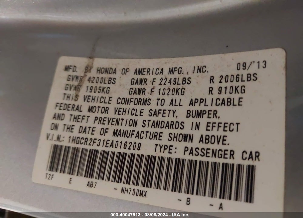 2014 HONDA ACCORD LX VIN: 1HGCR2F31EA016209