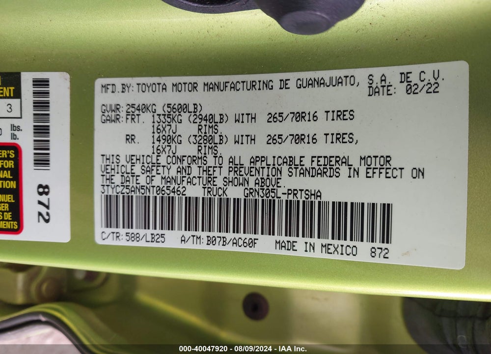 2022 TOYOTA TACOMA TRD PRO VIN: 3TYCZ5AN5NT065462