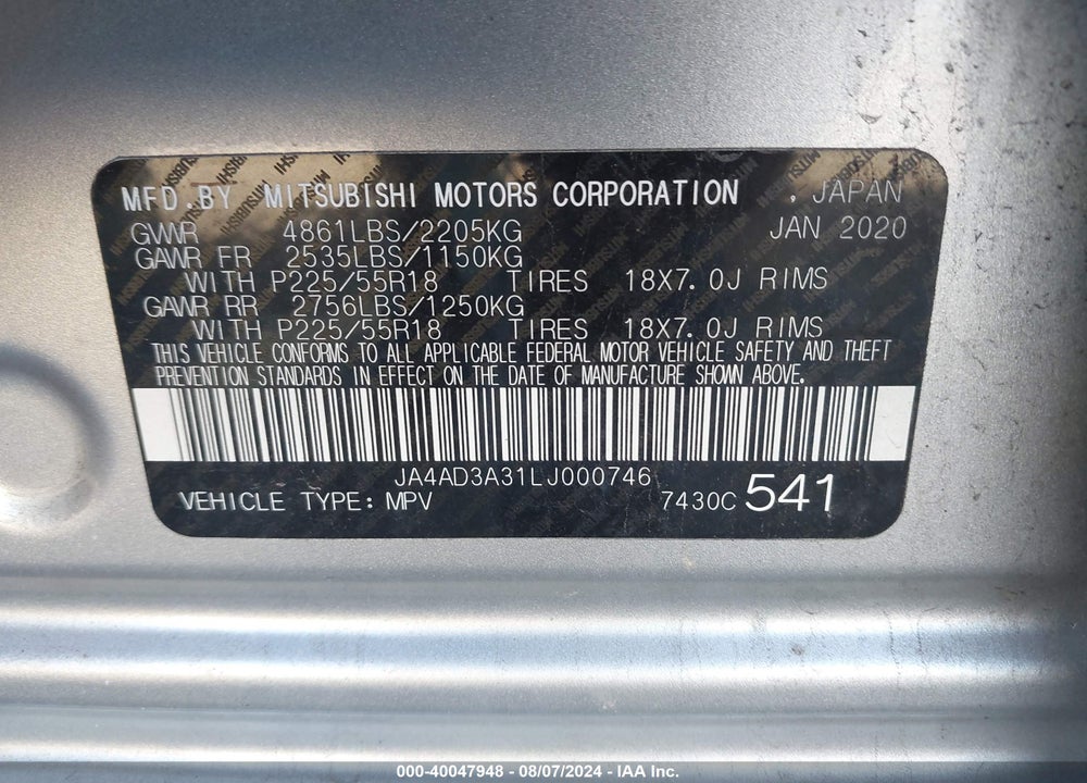 2020 MITSUBISHI OUTLANDER LE 2.4 VIN: JA4AD3A31LJ000746