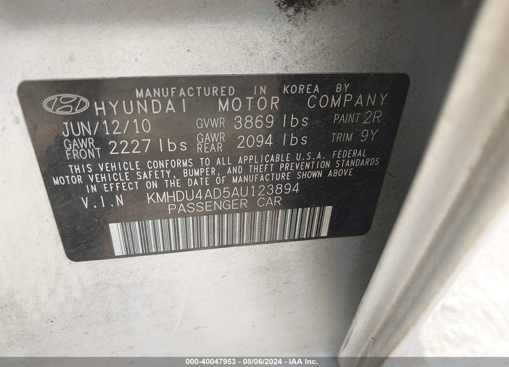 2010 HYUNDAI ELANTRA GLS VIN: KMHDU4AD5AU123894