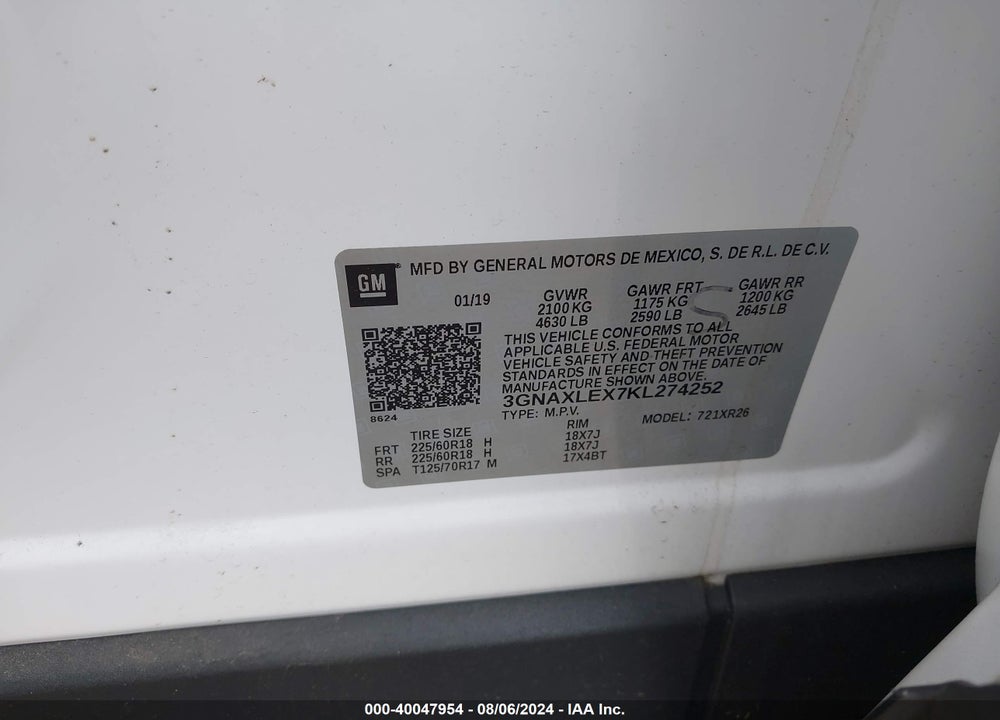 2019 CHEVROLET EQUINOX LT VIN: 3GNAXLEX7KL274252