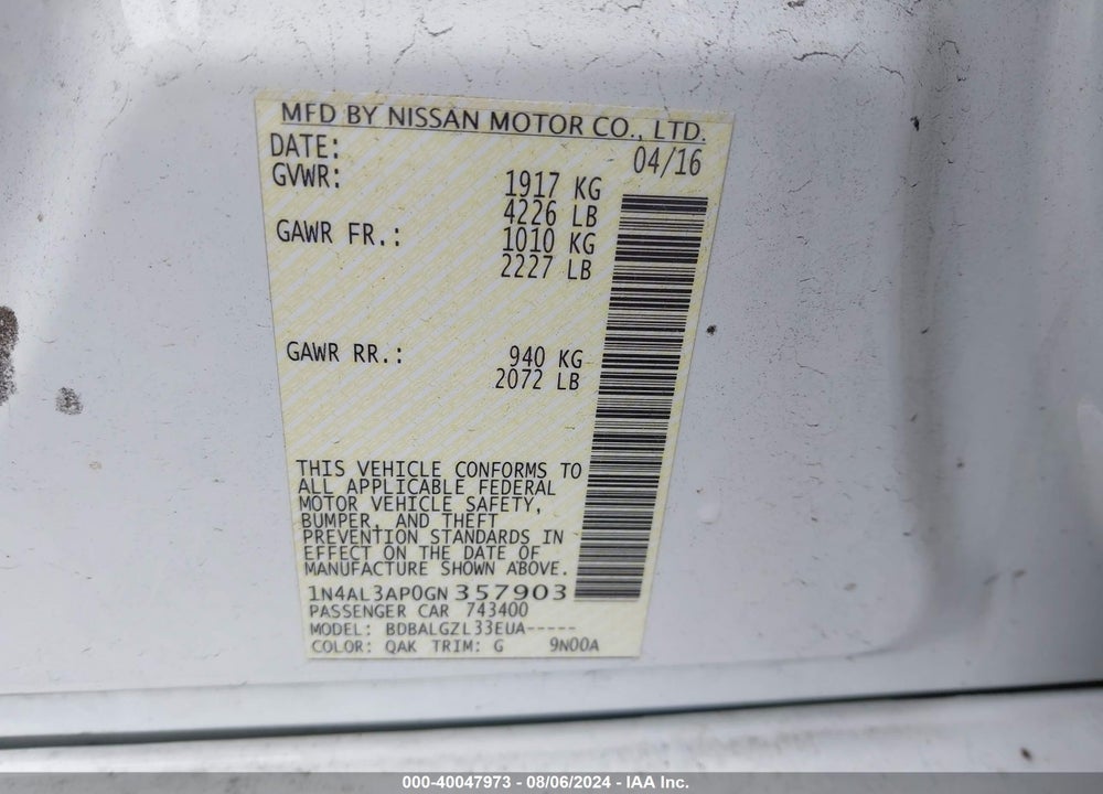 2016 NISSAN ALTIMA 2.5 S VIN: 1N4AL3AP0GN357903