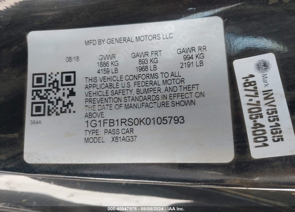 2019 CHEVROLET CAMARO 1LT VIN: 1G1FB1RS0K0105793