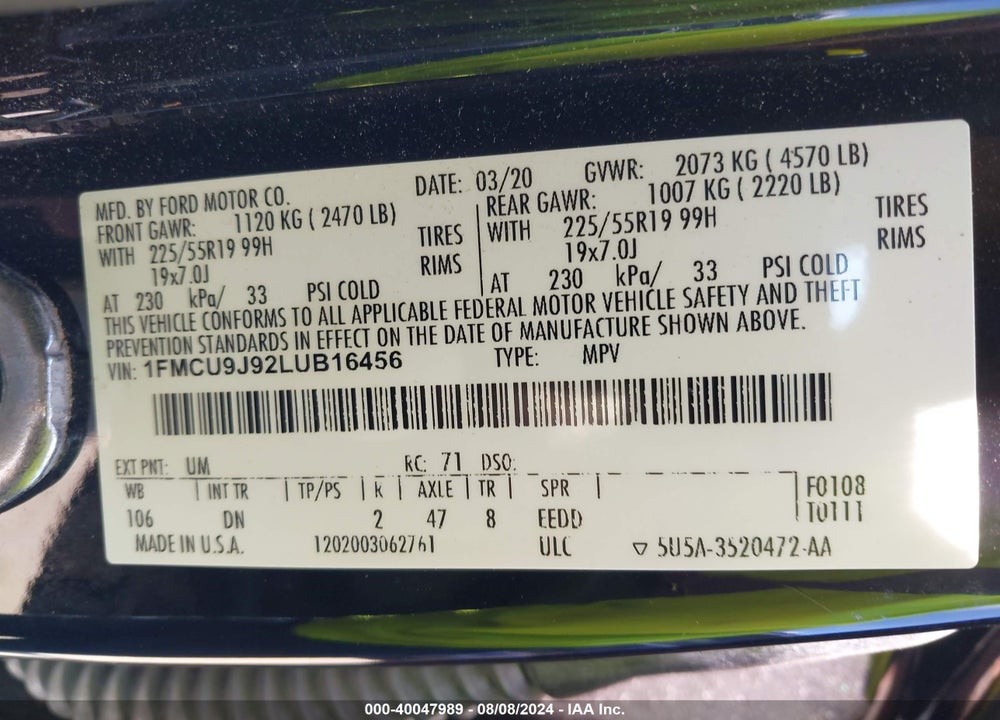 2020 FORD ESCAPE TITANIUM VIN: 1FMCU9J92LUB16456